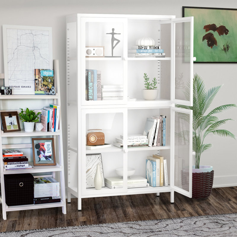 Armoire de rangement à quatre portes en verre avec tablettes réglables et meubles en acier laminé à froid