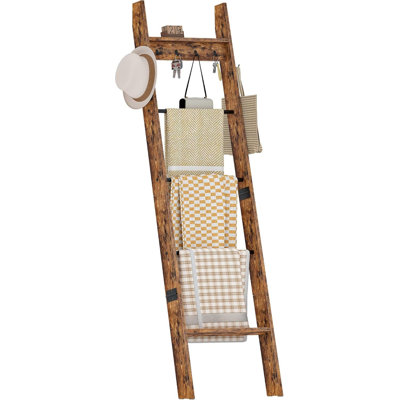 Échelle à couvertures à 5 niveaux, présentoir à couvertures en bois, échelle à serviettes avec crochets, étagère murale, pour salon, chambre, balcon, brun rustique et noir