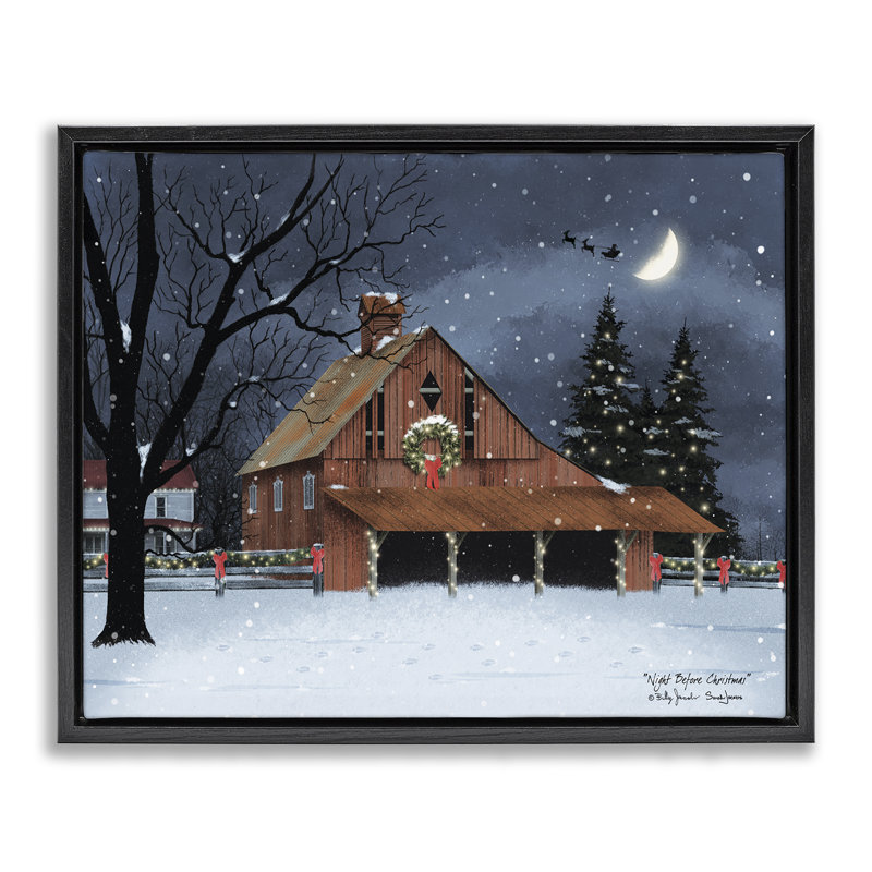 «Night Before Christmas Barn» par Billy Jacobs, H 17 po x l 21 po, Cadre flottant noir de jais