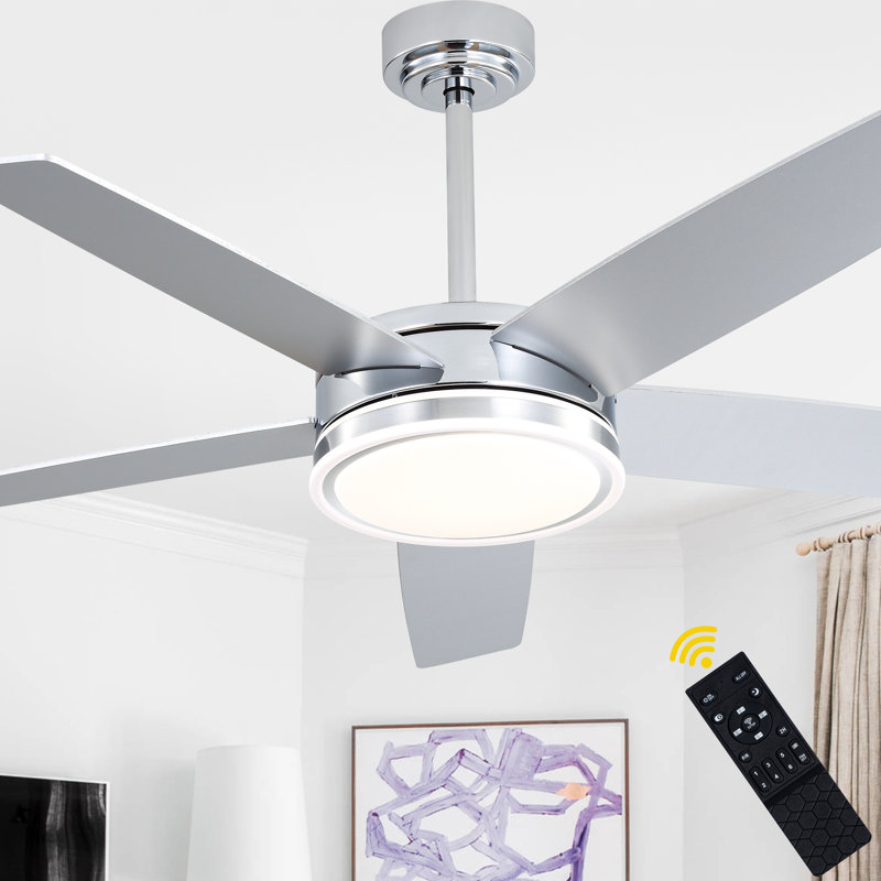 52" Modern Ceiling Fan with Lights and Remote, Chrome Ceiling Fan with Reversible Blades, Chrome, Sliver