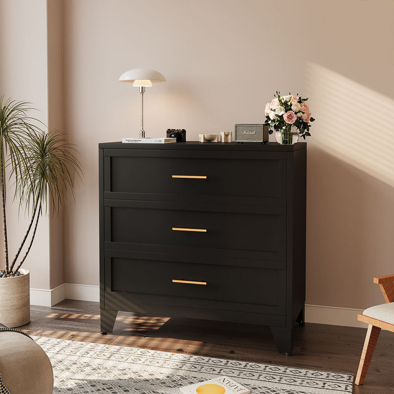Black Metal Modern 3-Drawer Dresser with Gold Handles