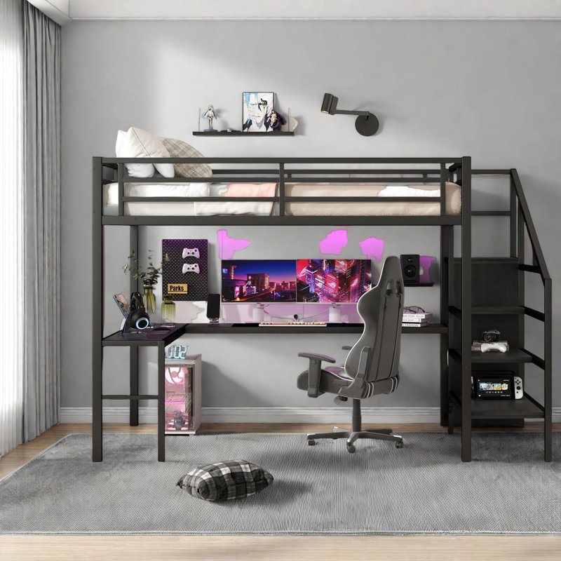 Lit mezzanine en métal peu encombrant avec bureau de rangement noir moderne