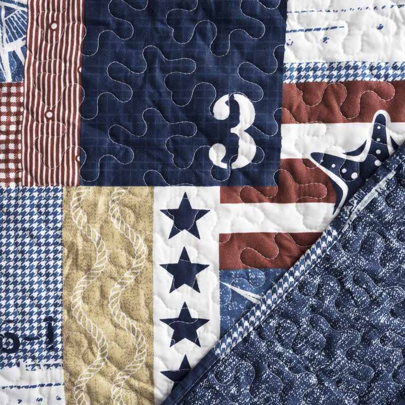 King Blue Microfiber Reversible Nautical Americana Quilt Set