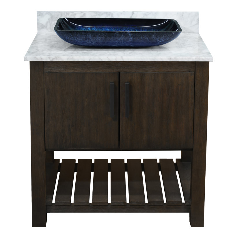 Meuble-lavabo de 30 po avec comptoir et lavabo en marbre de Carrare, quincaillerie et miroir noir mat, Noir mat