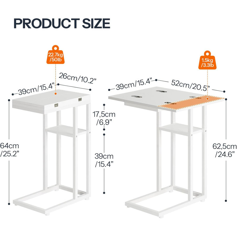 Foldable End Table C Shaped Side Table with Storage Shelf, White