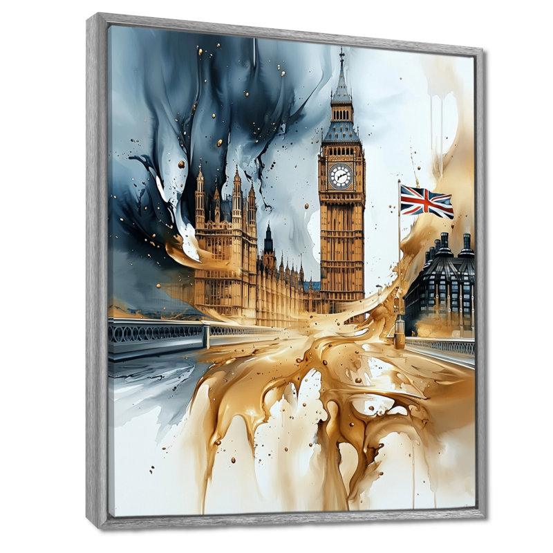 Art sur toile Monetta London Big Ben Glow On Gold I, Argent argent, H 32 po x l 24 po, Impression encadrée sans passe-partout