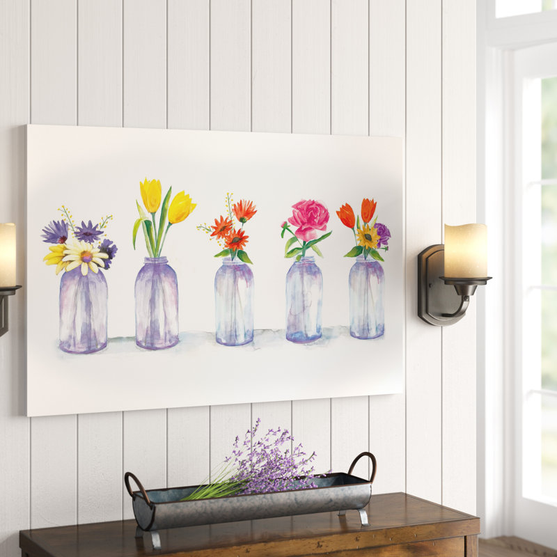Fleurs peintes dans des pots en verre - Peinture sur toile, H 32 po x l 48 po, Toile