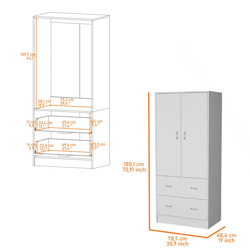 Armoire-penderie Wenden avec 2 tiroirs, 2 portes, grand rangement et tringle, blanc, Blanc