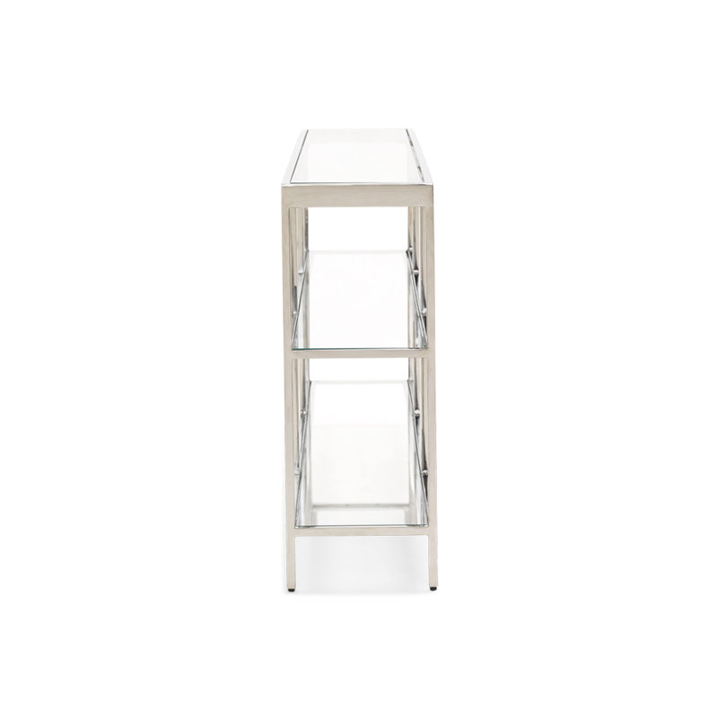 Vienna Low Bookcase W/ Glass Top, Polished Stainless Steel, (3 Shelves) 27"H x 75"W x 10"D