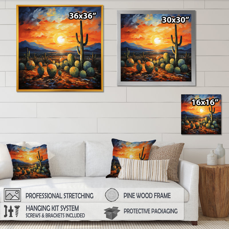 Cactus coucher de soleil, désert, rêves au Mexique I - désert, art mural encadré, Toile tendue, H 16 po x l 16 po x P 1 po
