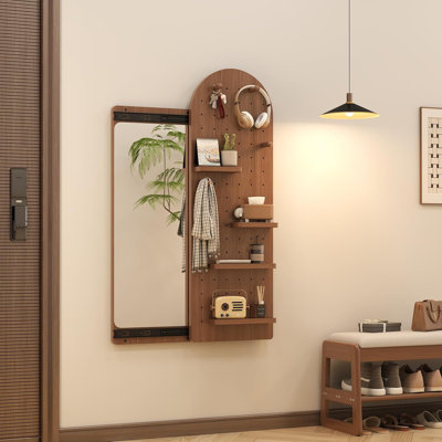 Wooden Pegboard Full Length Mirror with Shelf and Hooks, Wall Mounted Storage Mirror with Sliding Panel, Multifunctional Organizer for Entryway Bedroom