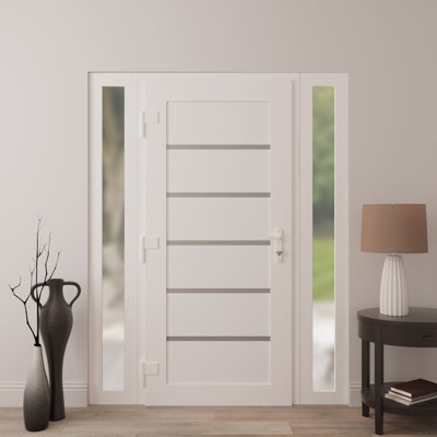 Porte en métal-plastique pré-suspendue à l'avant | Soie blanche Manux 8415 | 2 traverses latérales latérales | Bureau Portes de garage commerciales et résidentielles 68 po x 80 po (l 16 + 36 + 16 po x H 80 po)