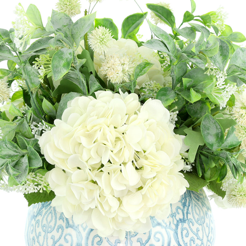 Hydrangea and Eucalyptus Faux Floral Arrangement, 13"H x 16"H x 16"D