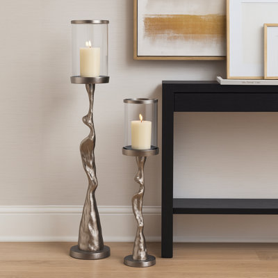 Decorative Tabletop Glass Candle Holder With Sculptural Base - Modern Floor Candle Holders For Living Room Accent - Set Of 2, 30", Silver