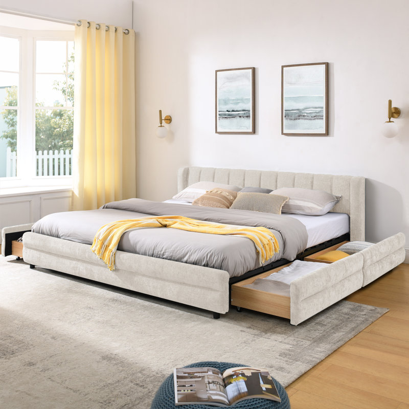 Chenille Upholstered Bed Frame With Storage, Comfortable Headboard And Solid Construction For Elegant Bedrooms, Beige, King