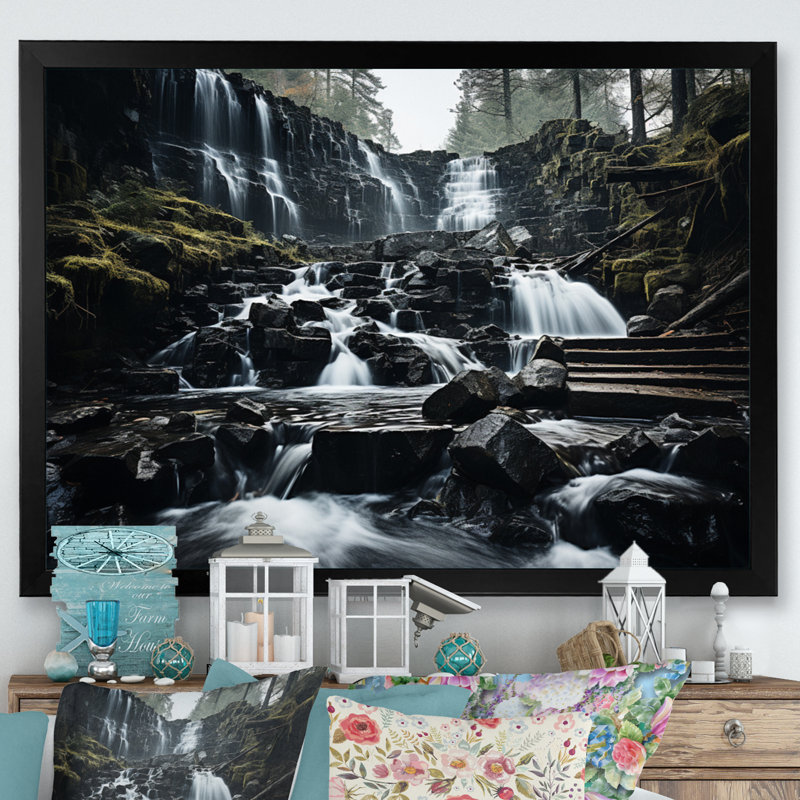 Chute d'eau monochrome en cascade Harmony I sur toile, Cadre simple noir, H 12 po x l 20 po x P 1 po