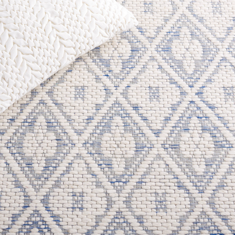 Blue and Ivory Striped Flat Woven Wool Area Rug 5' x 8'