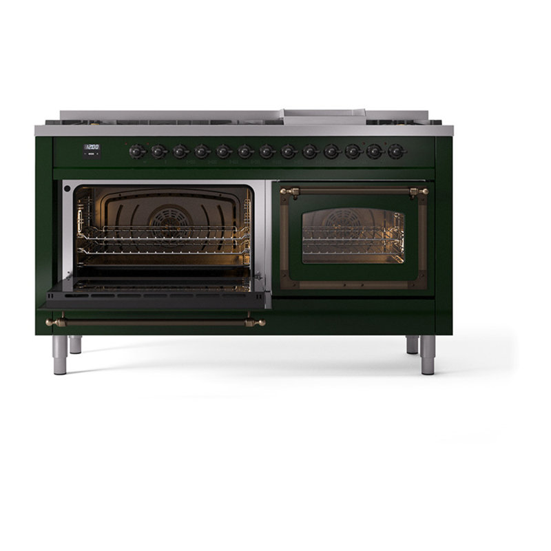 ILVE Nostalgie II Noblesse 60 in Dual Fuel Range, 9 Burner, Griddle, Emerald Green/Burnished, Natural Gas