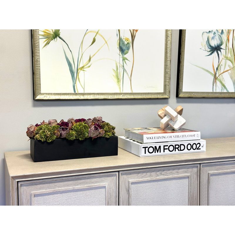 Assorted Sedum and Roses in Fiberstone Planter, 7" H x 16" W x 8" D, Black