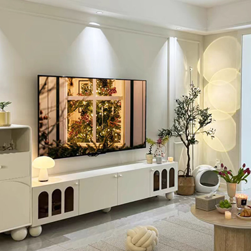 Meuble télé en bois massif de style crème moderne, 82.67", Blanc / Blanc