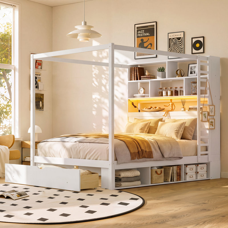 Lit plateforme à baldaquin avec tête de lit de rangement, prises USB, éclairage DEL RVB et rangement sous le lit, style moderne, chambre à coucher