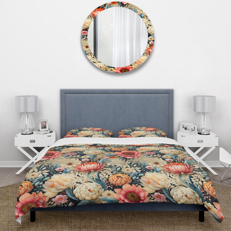 Ensemble de housse de couette beige et rose à motif floral pivoines II, Housse de couette pour très grand lit et 2 très