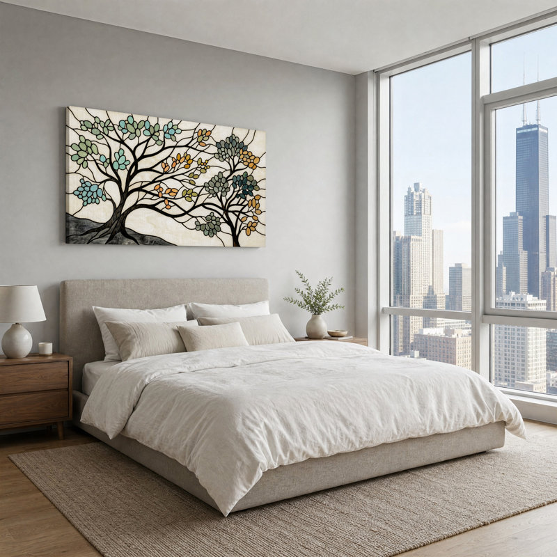 Art mural sur toile de style vitrail avec feuilles bleu sarcelle et orange, L 40 po x H 20 po