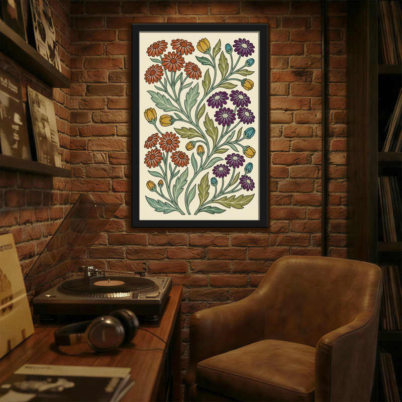 Motif floral de plantes et de fleurs avec des fleurs orange et mauves, H 36 po x l 24 po
