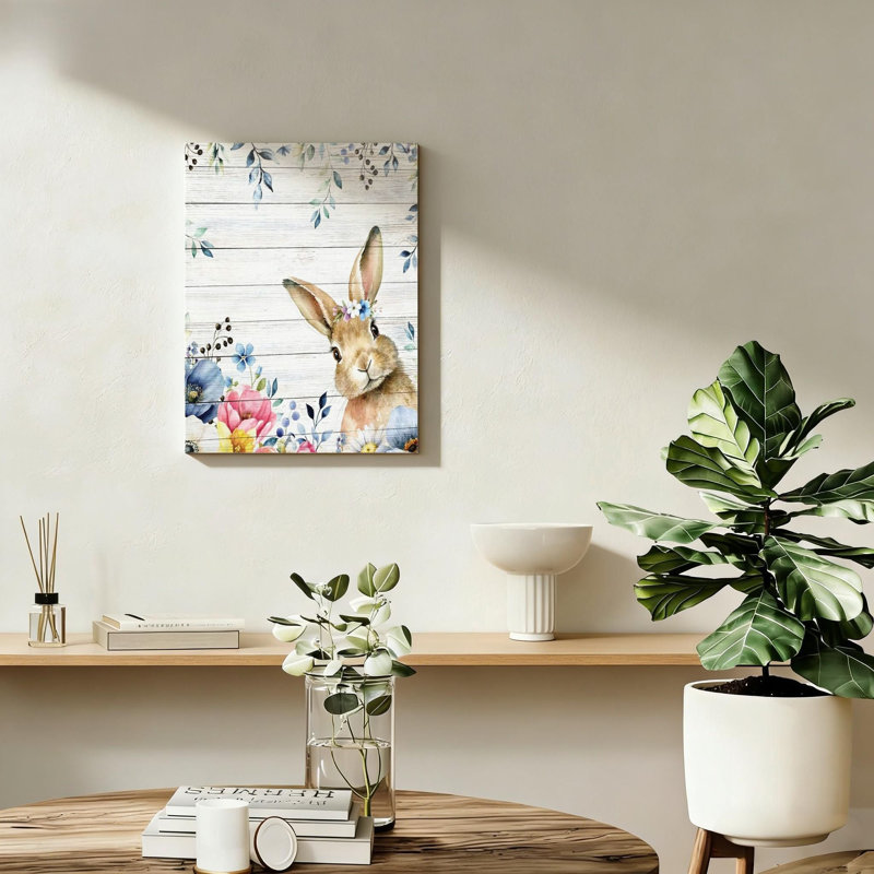Lapin brun, impression murale sur toile giclée printanière, feuilles d'eucalyptus bleu printemps, cadre en bois massif, 16 po x 24 po