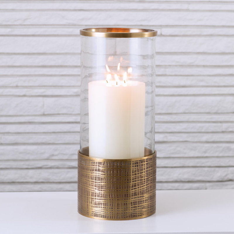 Plaid Etched Glass Hurricane-Antique Brass