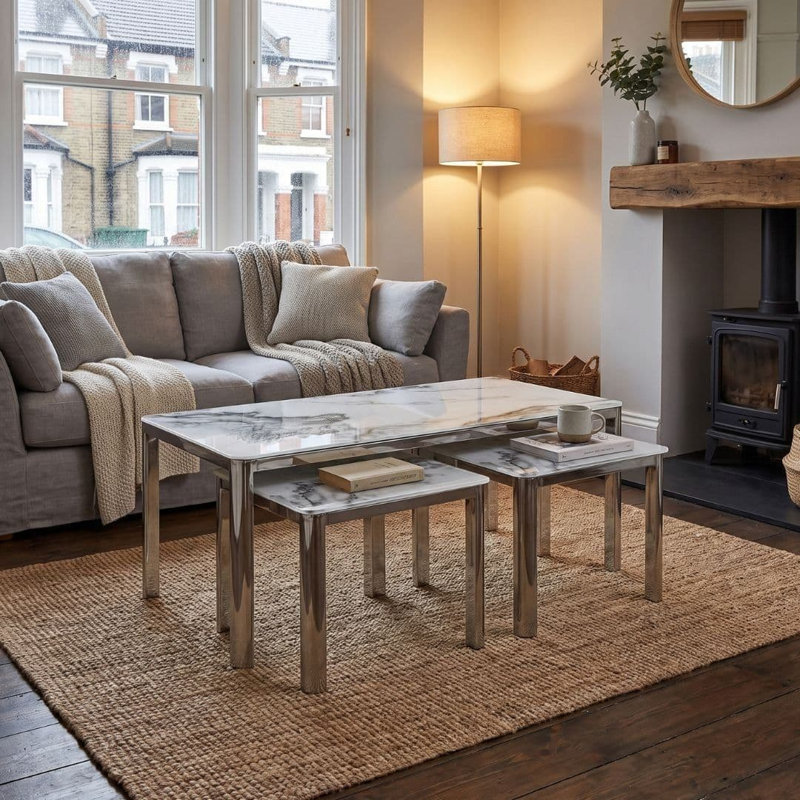 3 - Piece Marble Top Living Room Table Set, Grey&Silver