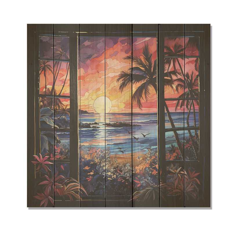 Tropical Coastal Windows View Sunset II - Fenêtres côtières sur bois, H 36 po x l 36 po