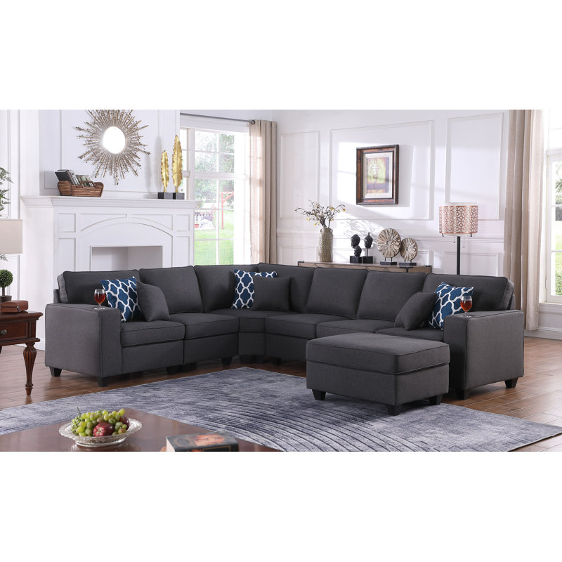 125" Wide Modular Sofa with Ottoman, Linen, Dark Gray