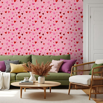 Papier peint auto-adhésif à motif de griffonnage à motif de cœur rose, adhésif et amovible 17,7 po x 118 po (45 x 300 cm)