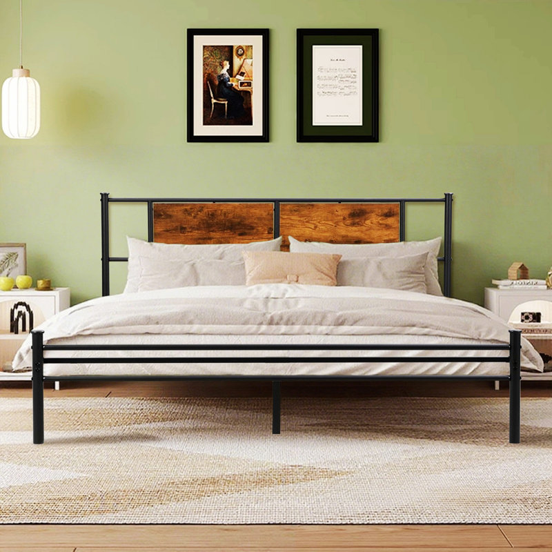 Geissler Metal Bed Frame with Wood Panel Headboard, King Duplicate, Walnut