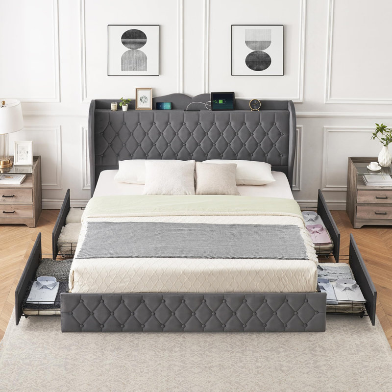 Inha Upholstered Metal Wingback Bed, King