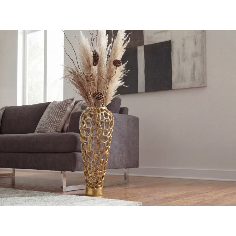 Tall Silver Aluminium Floor Vase, 60cm H x 24cm W x 24cm D, Gold