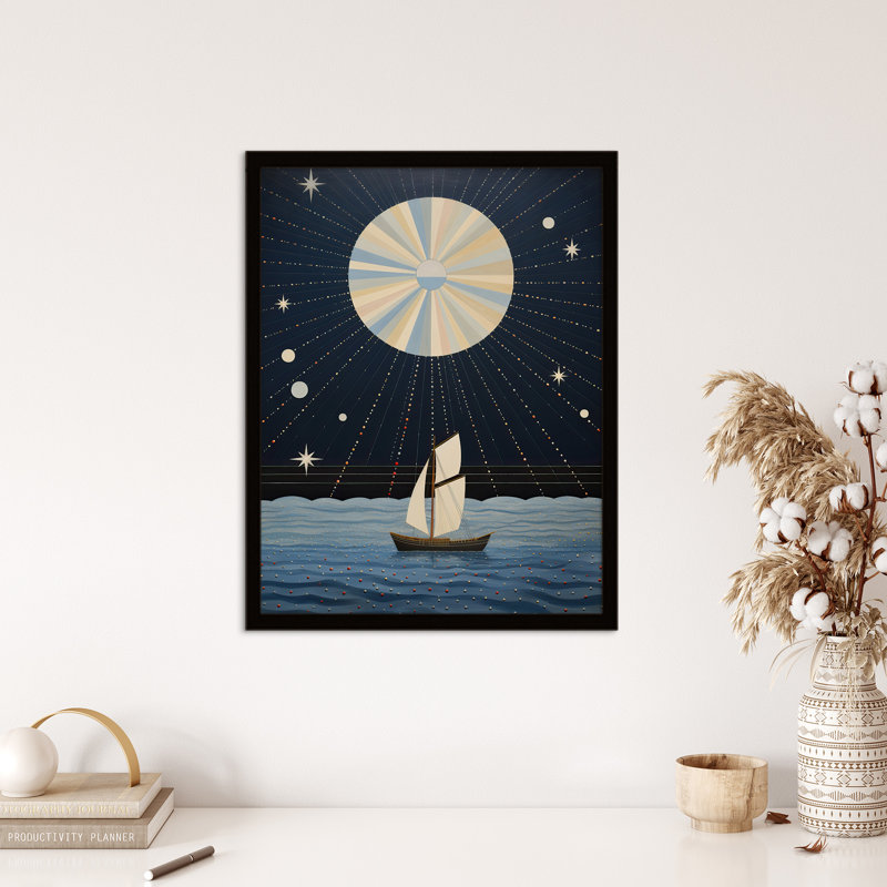 Sailing Into The Moonlight Boat In Full Moon Seascape - Single Picture Frame Print