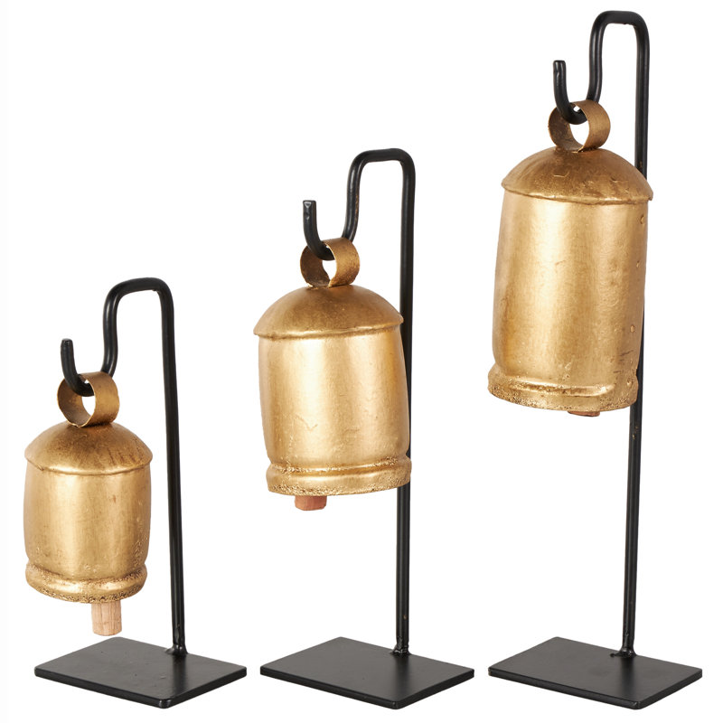 Metal Bell Indoor Outdoor Gold Decorative Cow Bells With Black Stand And Brown Wooden Clapper Set