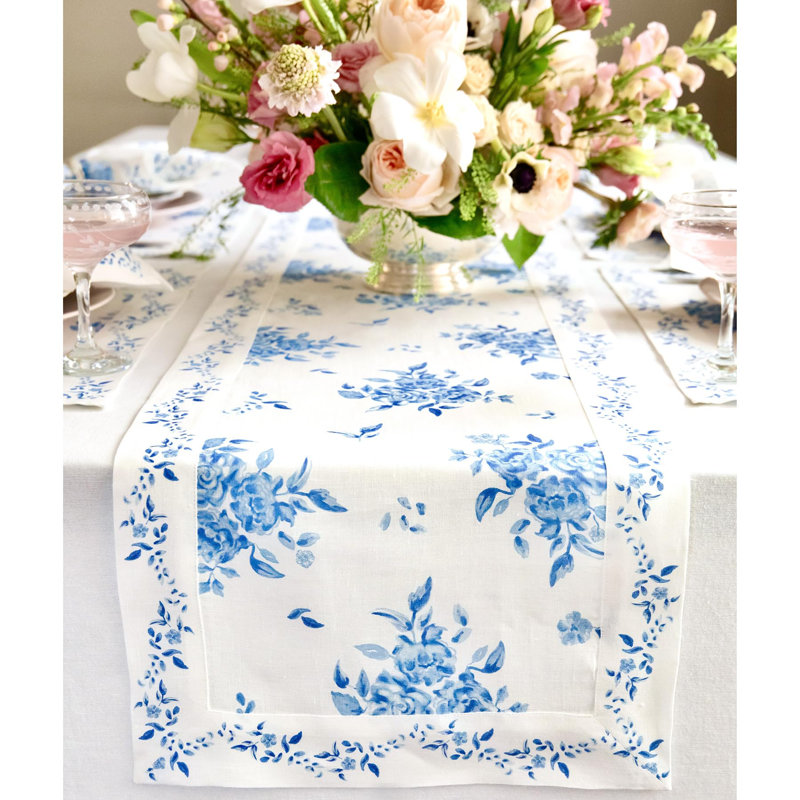 Jolie Fleur - 100% Pure Linen Table Runner, 60" x 14", Blue