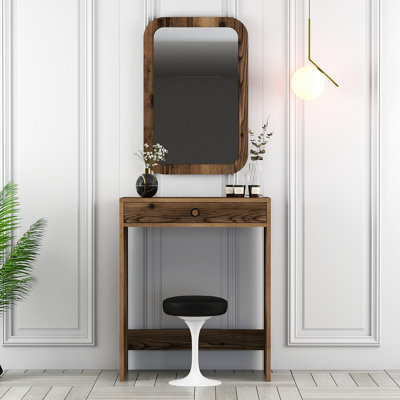 Modern Make-Up Table with Mirror, Walnut & Cream, 27.6 x 15.7 x 33.3 inches | 100% Melamine Coated Particle Board, Thickness: 0.7 inches | Stylish Design for Home & Beauty Spaces, Functional & Elegant