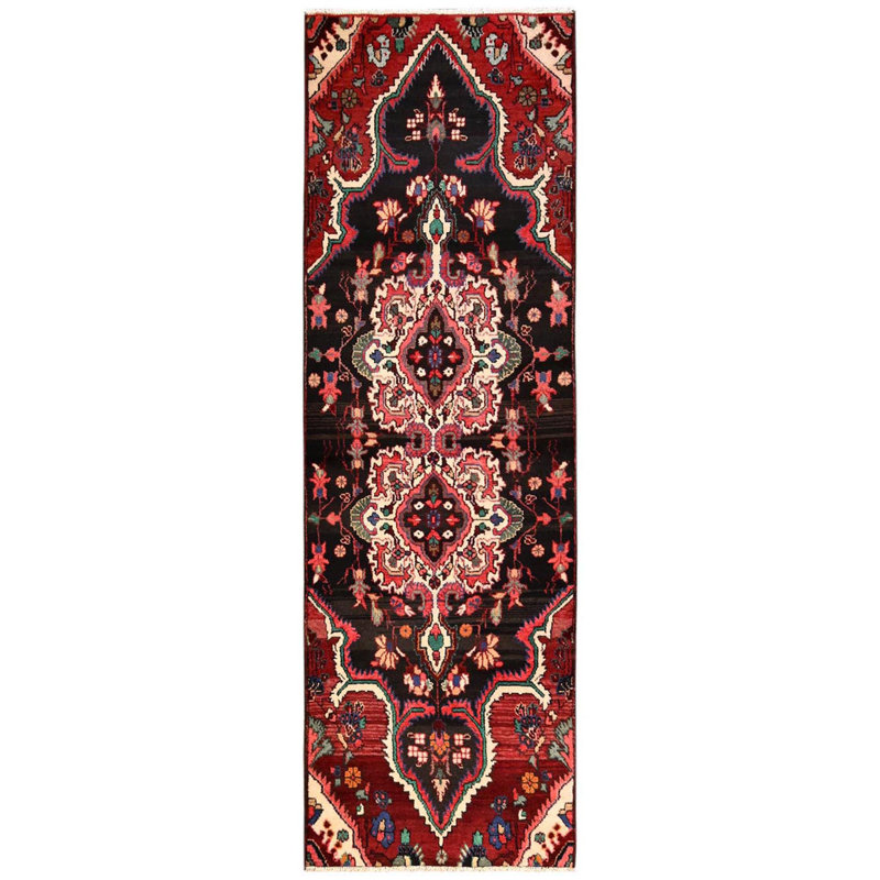 Tapis brun persan rétro 2 pi 9 po x 9 pi avec abat-jour distinct, motif à double médaillon, noué à la main, 100% laine, tondu bas, usé et patiné, côtés et extrémités professionnellement sécurisés, tapis de couloir oriental