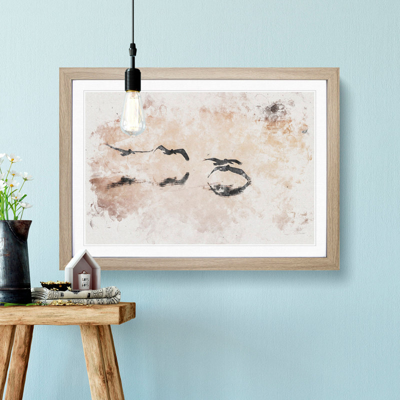 A Flock of Pelicans Watercolour - Picture Frame Graphic Art Print, Oak Framed, 45cm H x 63cm W x 2cm D