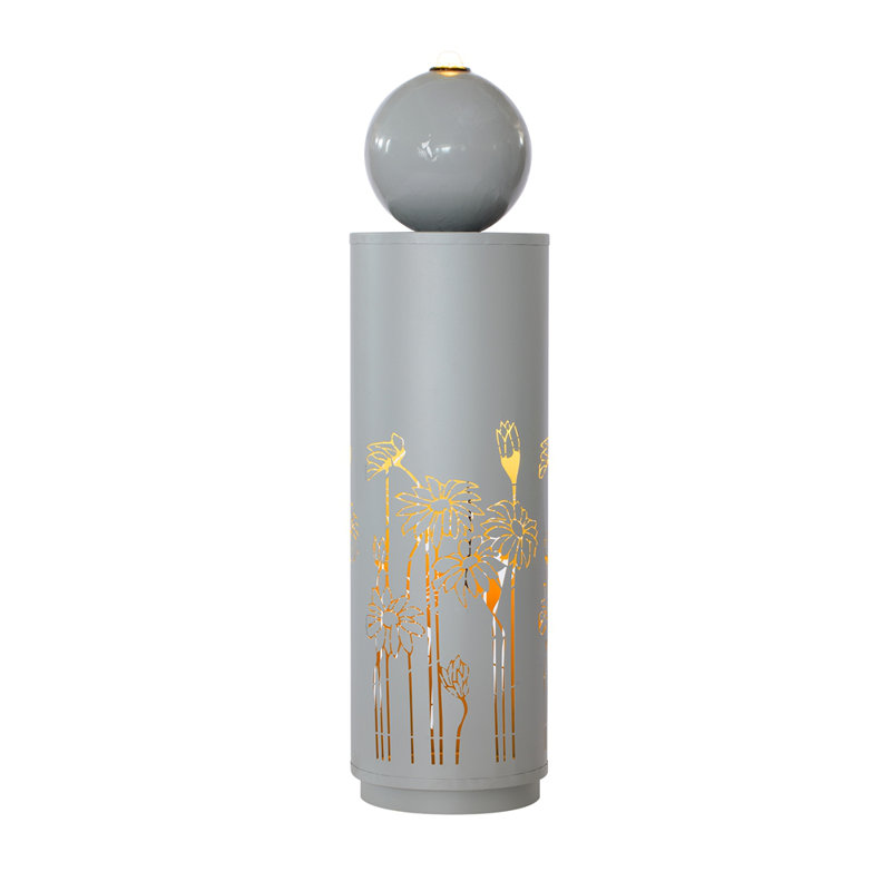 34.25"H Light Gray Metal Cutout Outdoor Water Fountain with LED Lights, Modern Freestanding Sphere-Top Water Feature for Patio Garden Backyard Decor