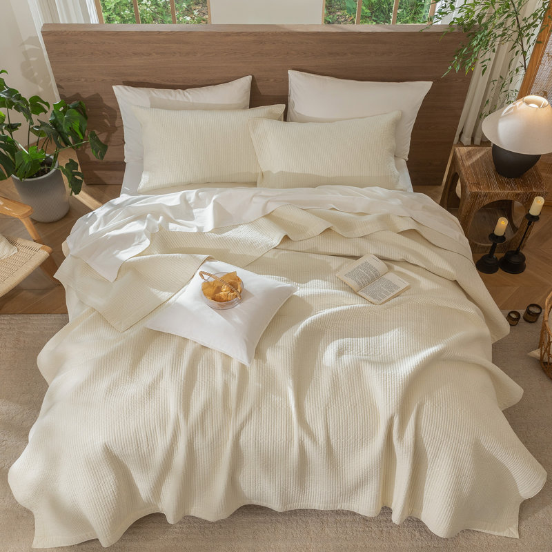 MooMee Lightweight Quilt Set 100% Washed Cotton Linen-Like Stripe Stitch Breathable All-season , Cream White