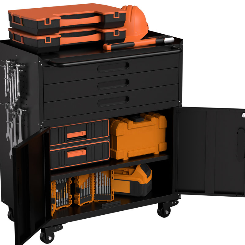 Rolling Tool Cabinet 34.3" - Garage Storage Solution. Heavy Duty Metal With Lockable Doors And 3 Drawers. Silent Drawer Slides Tip Device. Comes Gloves All In One Mobile Workbench For Home. Secure