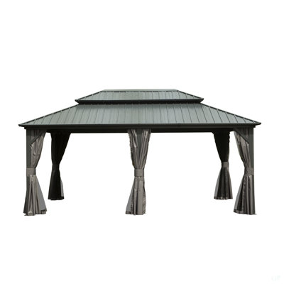 12' X 18' Hardtop Gazebo, Aluminum Metal Gazebo With Galvanized Steel Double Roof Canopy, Curtain And Netting, Permanent Gazebo Pavilion For Patio, Backyard, Deck, Lawn