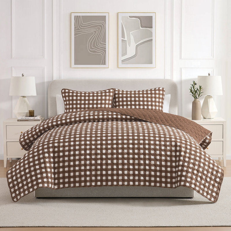 Ensemble de courtepointe en microfibre VCNY Home Gingham, Courtepointe pour grand lit + 2 taies décoratives, Chocolat