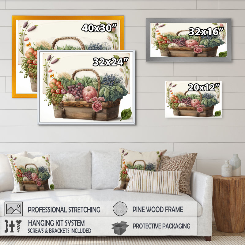 Fruit in Basket III - Lake House, art mural, L 32 po x H 24 po, Toile avec cadre flottant noir