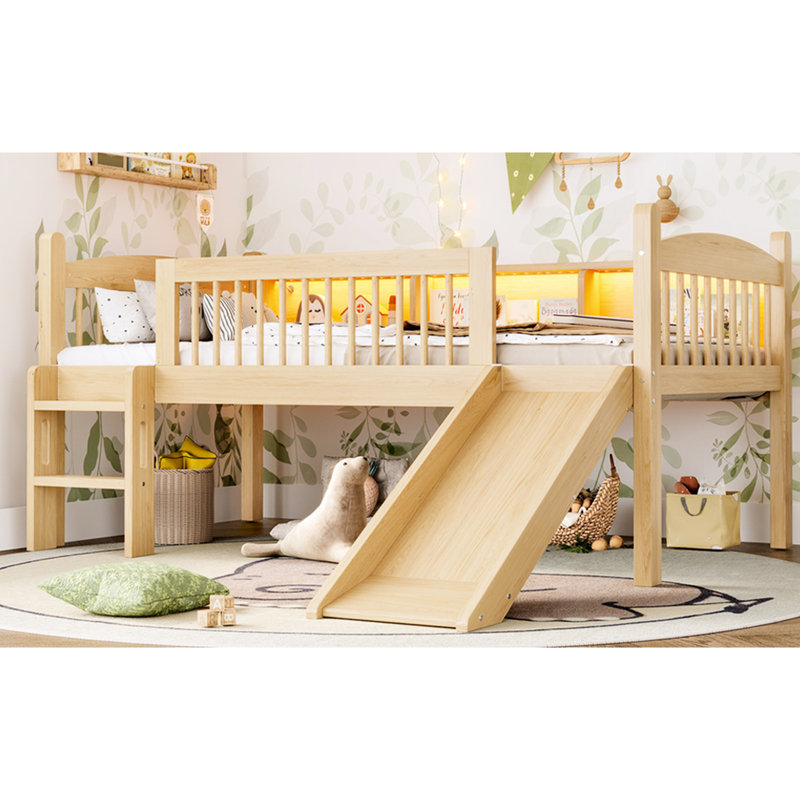 Lit mezzanine simple Natural TG avec tablettes de rangement, lumières à DEL et garde-corps pleine longueur, assemblage simple, solution compacte en bois massif avec finition parfaite pour la chambre à coucher, finition